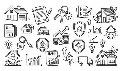 Hand drawn real estate doodle icon set with home loan mortgage insurance and eco property vector illustration © MdSakib