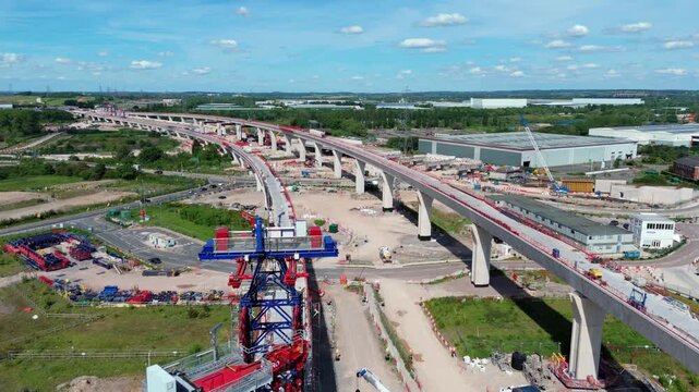 High angle aerial view of the HS2 Delta Junction viaduct development over the busy M42 highway corridor in Warwickshire