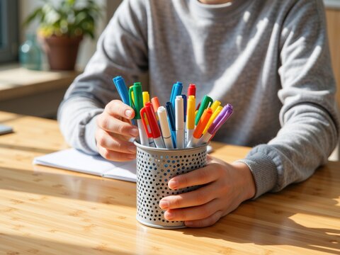 Student grabbing colorful markers from pen holder during studying