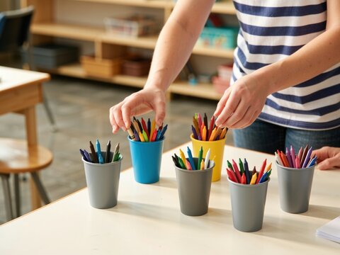 Teacher organizing crayons in classroom for back to school