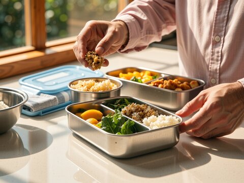 Person preparing healthy lunch box for school meal