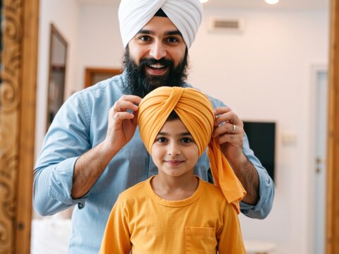 Sikh father helping son with turban for school