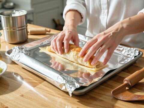 Preparing homemade puff pastry dough for school lunch
