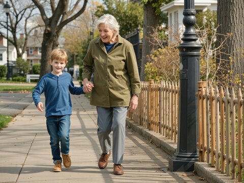 Grandmother and grandson walking hand in hand for school