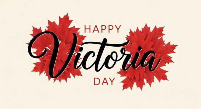 Happy victoria day typography with two clusters of red maple leaves on light cream background