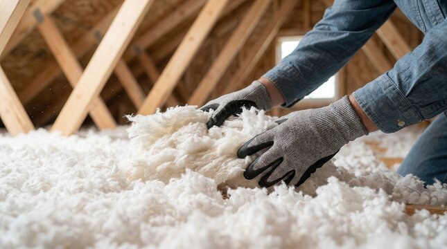 Close up of a worker installing thermal insulation in a residential attic space.
