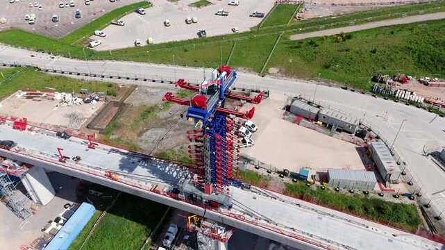 High angle aerial view of the HS2 Delta Junction viaduct development over the busy M42 highway corridor in Warwickshire