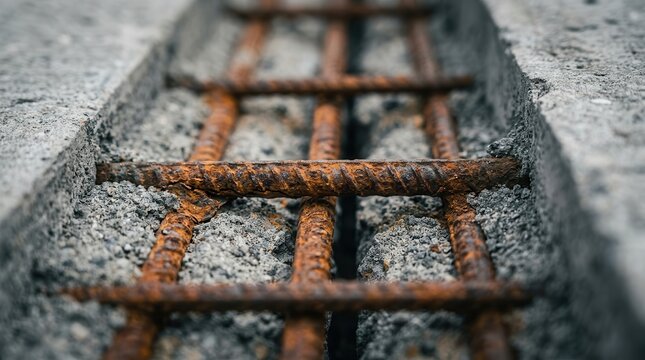 Rusted steel rebar within concrete mortar representing structural damage assessment.