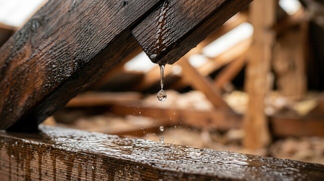 Emergency roof repair concept featuring water dripping through underlayment onto wood.