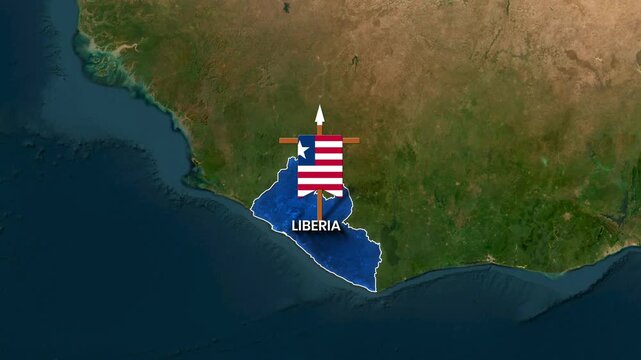 Animated motion graphic clip showing Liberia highlighted on a world map with its flag