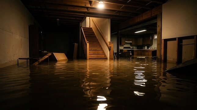 Interior view of a basement flooded with water, demonstrating structural damage and water ingress.