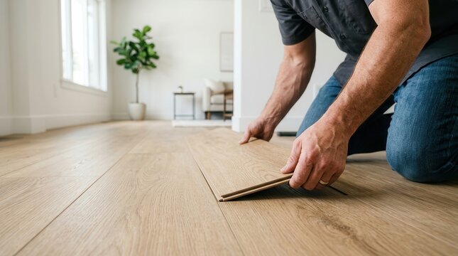 Renovating a bright room with durable wood-look LVP flooring planks being installed by hand.