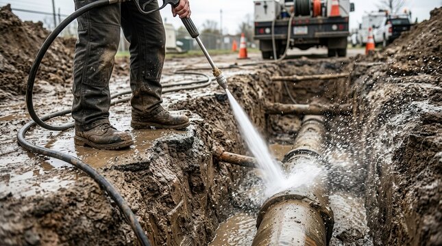 Sewer line maintenance showing high-pressure water jetting into an exposed pipe for drain clearing.