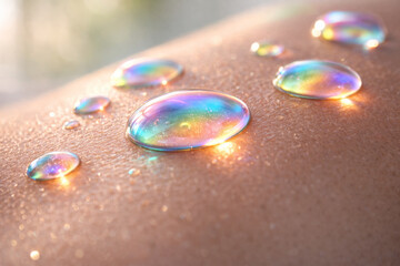 Fototapeta premium Close-up of colorful water droplets on skin surface glistening