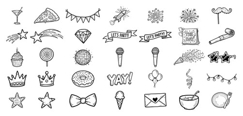Fototapeta premium Party celebration icons and festive doodle elements set in hand drawn style