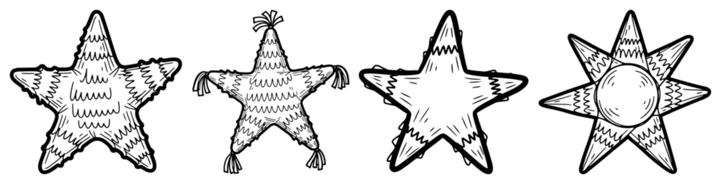 Star shaped mexican pinatas collection in hand drawn doodle style