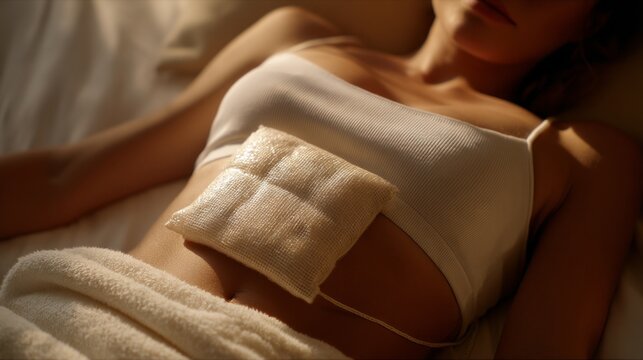 Woman resting with warm compress on abdomen for nervous system reset. Therapeutic heat healing for body relaxation and stress relief in wellness studio. Alternative medicine recovery therapy.