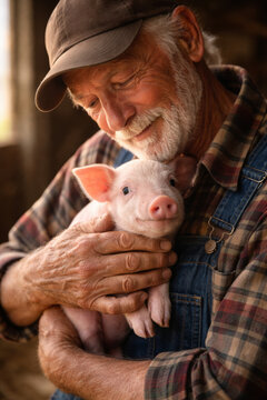 Elderly man happily holding a piglet in a farm setting