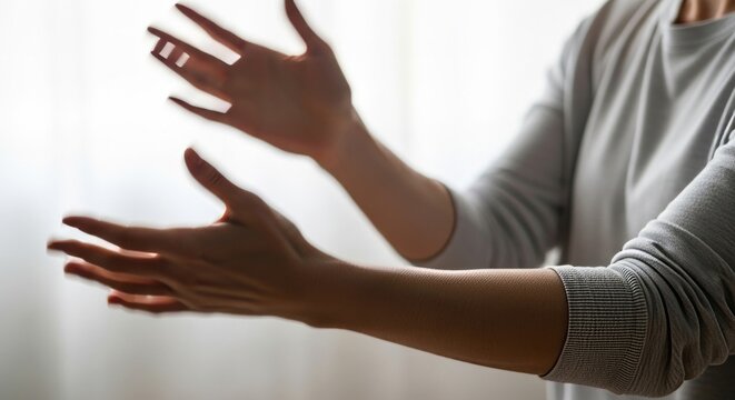 Woman performing calming hand movements for nervous system reset. Mindfulness practice for stress relief and emotional regulation. Relaxation technique to release tension and anxiety.