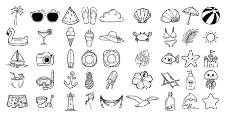 Fototapeta premium Summer vacation and beach holiday icons for travel design hand drawn style