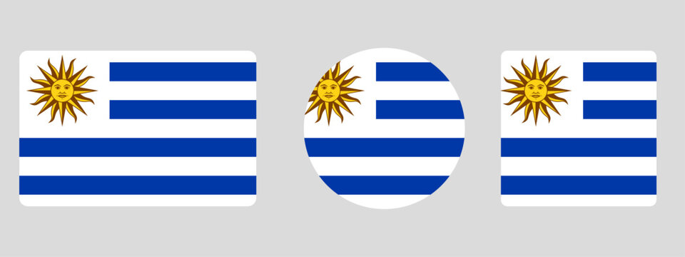 Uruguay flag set. Set of flags in different shapes rectangle, circle, square vector