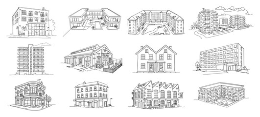 City buildings and residential apartment houses in continuous line drawing style © AnjaliDesai