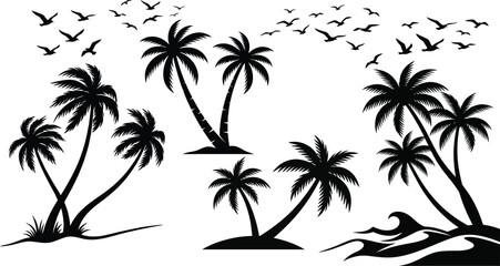 Fototapeta premium Palm trees and flying birds black silhouette on a white background