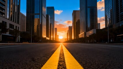 Obraz premium City street at sunset with tall buildings