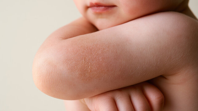 Child eczema dry skin closeup elbow crease skin texture baby arm rash patch sensitive skin comfort care pediatric dermatology treatment
