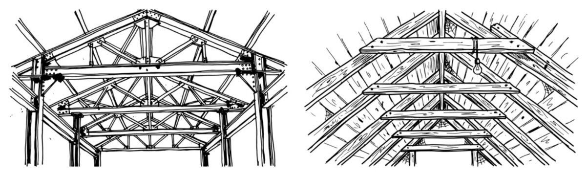Roof trusses and wooden attic rafters in hand drawn architectural style