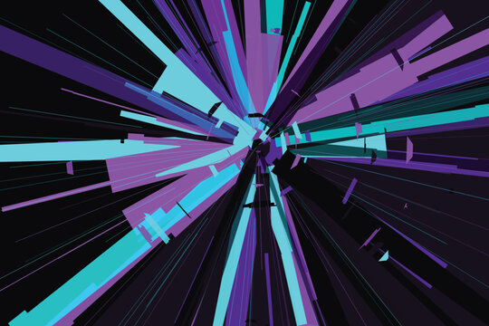 Vibrant explosion of purple and cyan geometric shapes on black background, abstract