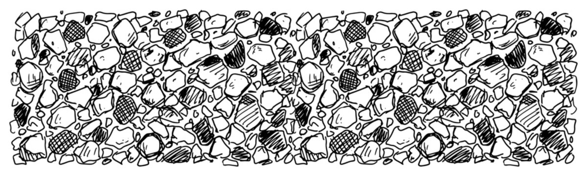 Stone wall texture pattern with various pebbles and rocks hand drawn style