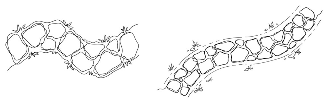 Winding stone garden paths for landscape design in hand drawn line art style