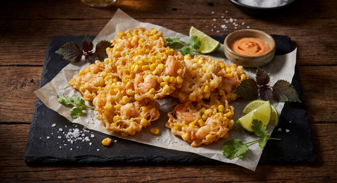 Crispy shrimp and corn fritters with spicy sriracha aioli dipping sauce lime wedges on slate board