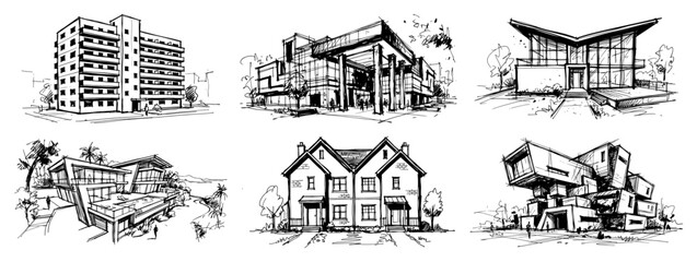 Collection of architectural buildings and modern houses sketches hand drawn style © AnjaliDesai