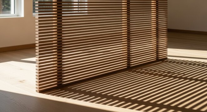 Minimalist wooden room divider casting striped shadows in warm interior light