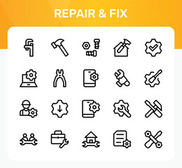 Fototapeta premium Repair and Fix icon set. Editable line icons. Professional and modern outline icon pack vector illustration featuring workshop kits and repair symbols in a flat design.