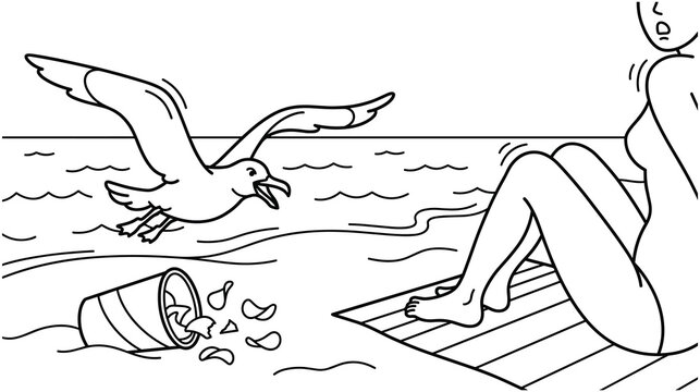 Seagull stealing potato chips from bag on beach near woman sunbathing.