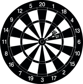 Black and white dartboard with dart on bullseye