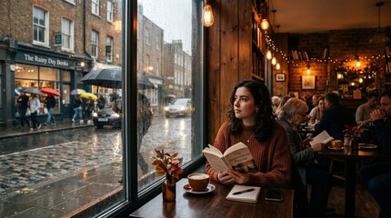 Obraz premium Rainy September afternoon in cozy cafe, cinematic mood, warm tones, realistic urban photography
