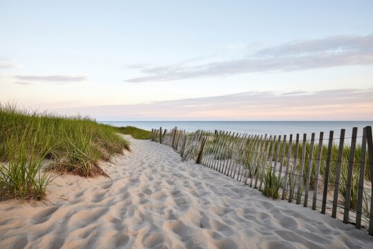 The Beach Path Through Sand Dunes and Weathered Fence at Soft Sunrise