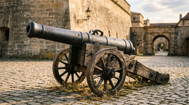 Old cannon on wooden wheels in historic courtyard with stone buildings and cobblestone ground nearby