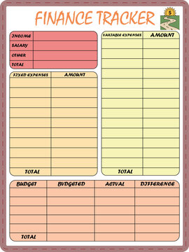 Finance tracker printable planner page, monthly budget worksheet with income and expense tables, personal money management vector template