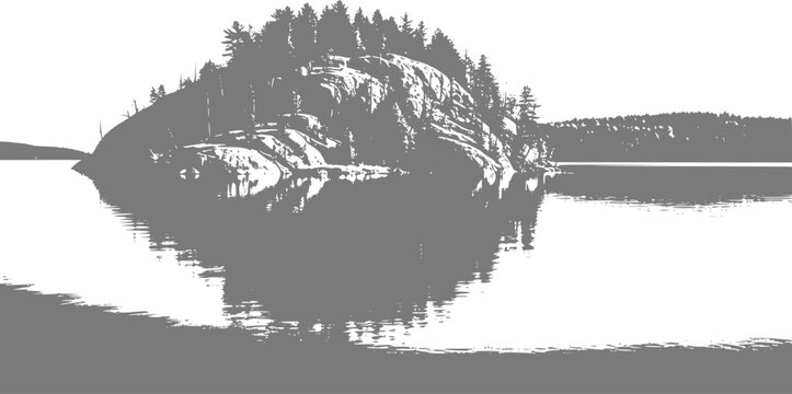Stylized silhouette of a rocky island with trees and water reflection