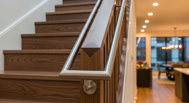 Elegant dark wood staircase with modern stainless steel handrail and intricate balusters in a luxury home interior