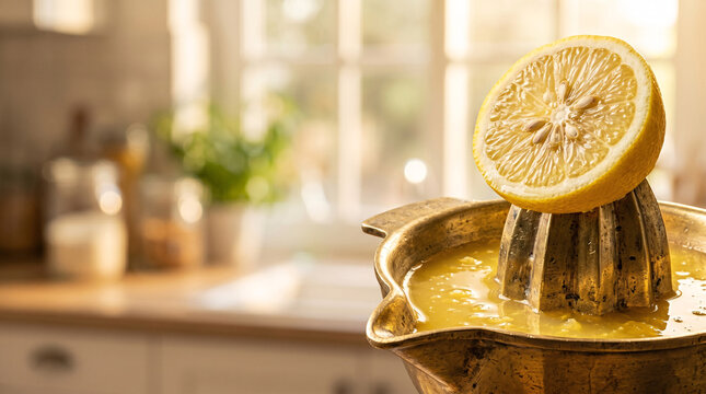 Vintage brass citrus squeezer with cut lemon, juice pooling in the press tray, summer kitchen