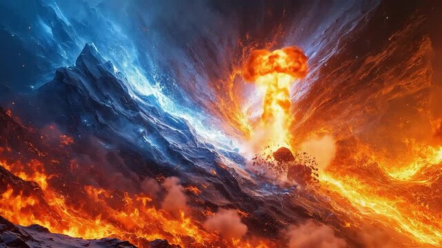 Dramatic clash of hot fire and cold ice in abstract, cosmic landscape.