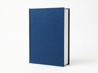 Fototapeta premium A single closed blue hardback book stands on a white background, ready to be opened.