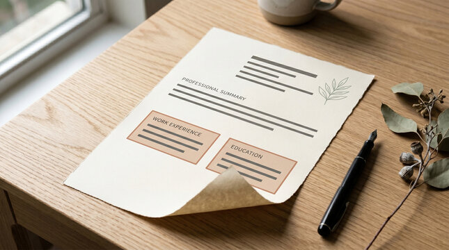 A sample resume template with pen and dried leaves on a wooden desk by the window