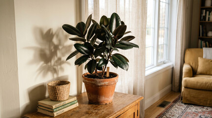 Fototapeta premium A large green plant in a terracotta pot on a wooden table by a sunny window indoors